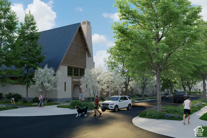 Pitched metal roof, prominent chimney, wood-clad gable, arched entry, and mature landscaping