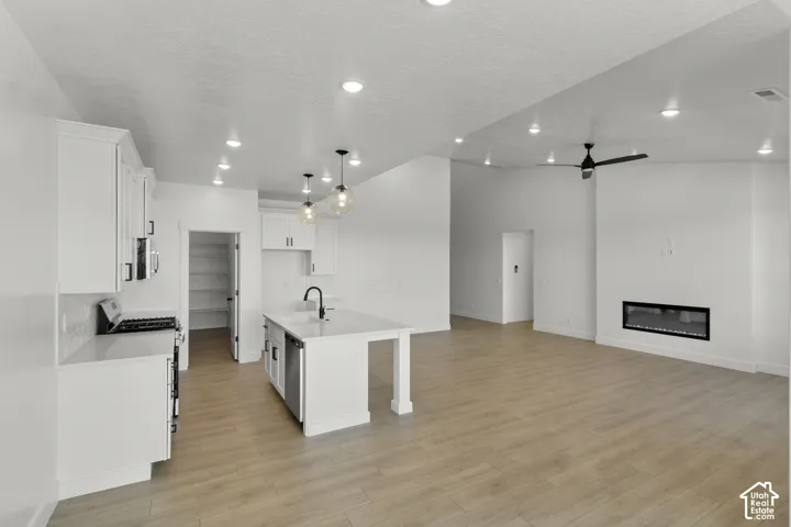 Kitchen featuring white cabinetry, a central island with sink, a built-in electric range, and wood-finish flooring