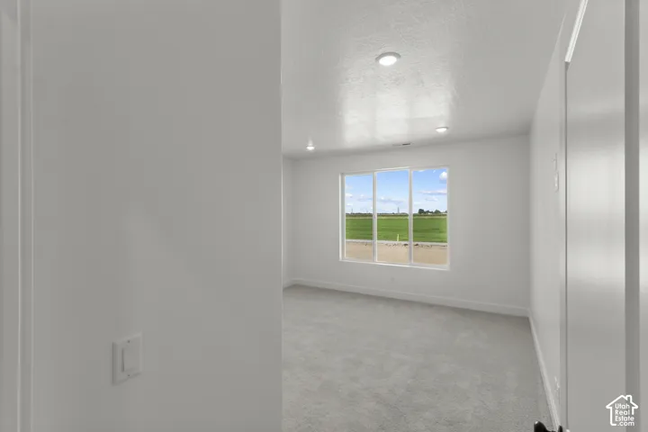 Recessed lighting, large window with expansive outdoor scenery, light gray carpeting, and white walls