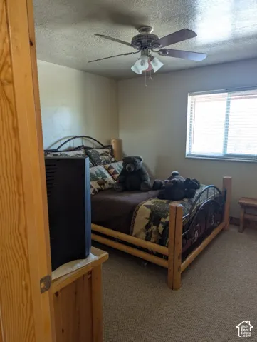 Bedroom with ceiling fan & custom wood trim/closet doors