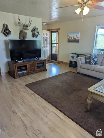 Spacious Living Room - Wood-finish flooring throughout, ceiling fan & beautiful wood trim & doors!