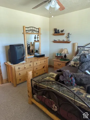 Bedroom with ceiling fan & custom wood trim/closet doors