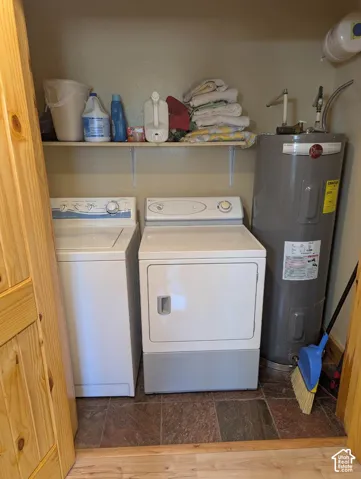 Laundry area with a water heater, built-in shelving, and slate tile flooring