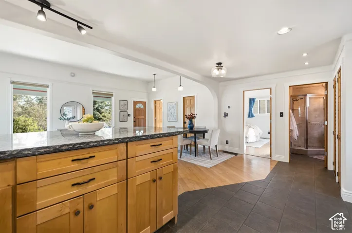 Granite countertop, and track lighting