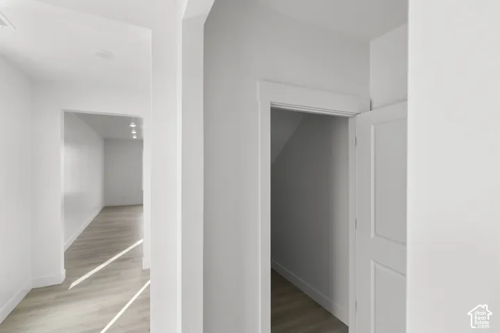 White paneled door opening to a storage area, recessed lighting, and wood-finish flooring