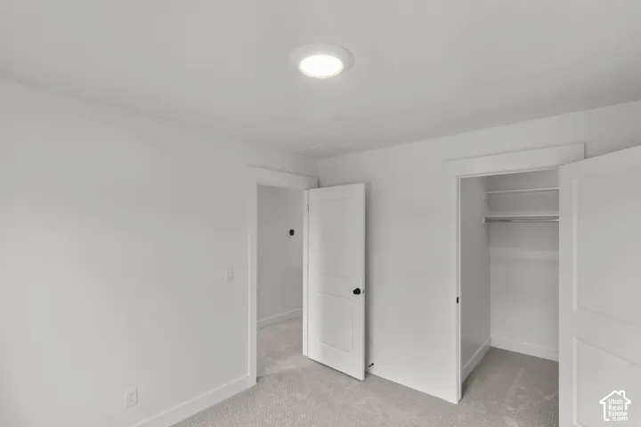 Recessed ceiling light, neutral carpeting, white interior doors with black hardware, and an open closet with shelving and a hanging rod