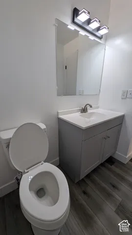Modern vanity with a rectangular sink, single-handle faucet, and gray shaker-style cabinetry