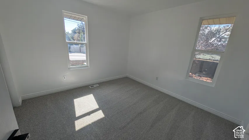Plush carpeting, crisp white walls, and two single-hung windows