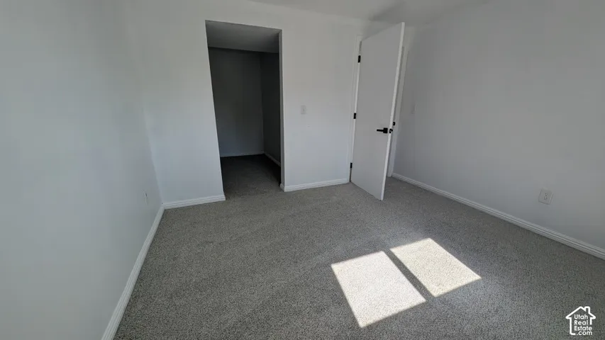 Neutral painted walls, gray carpet, and a solid white door with dark hardware