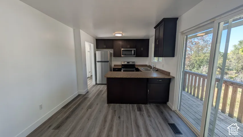 Kitchen featuring dark wood cabinetry, stainless steel appliances, wood-finish flooring, and direct access to an outdoor deck