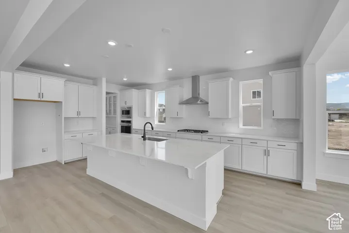 Open kitchen with a central island, white cabinetry, integrated stainless steel appliances, and light wood-finish flooring