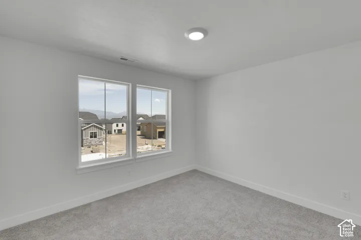 Two double-hung windows with white trim, gray carpet flooring, white painted walls, and a flush-mount ceiling light fixture