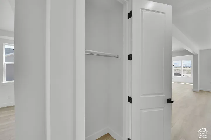 Integrated closet with hanging rod, paneled interior door with matte black hardware, light wood-finish flooring, and white wall finishes