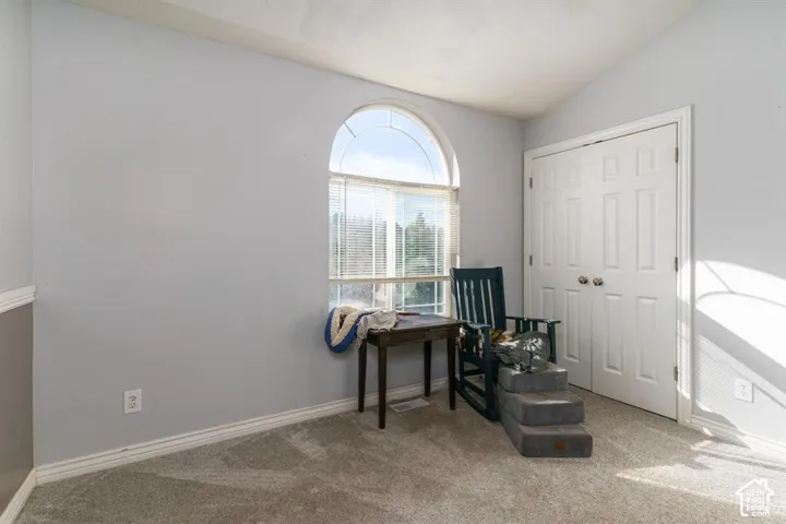 Arched window with blinds, vaulted ceiling, and carpeted flooring