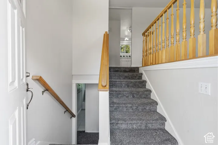 Carpeted staircase with light wood banister, white paneled entry door, and a lower-level hallway with tile flooring