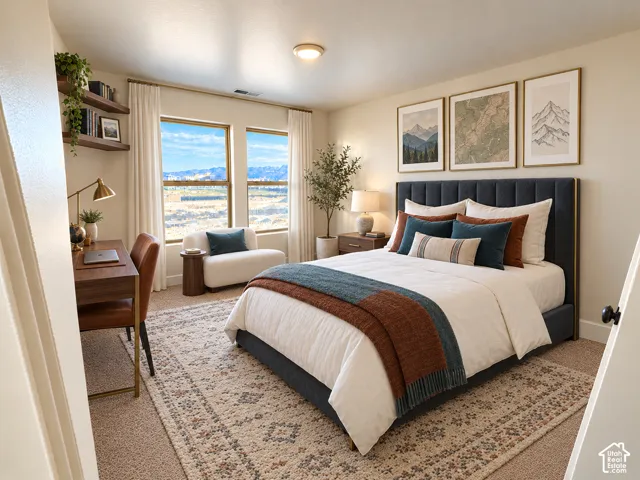 Recessed lighting, large windows with mountain scenery, built-in floating shelves, and carpet flooring
