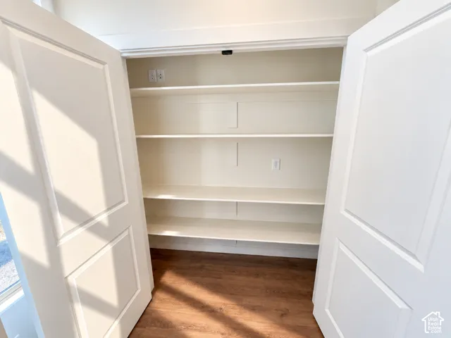 Built-in shelving, wood-finish flooring, and panel doors