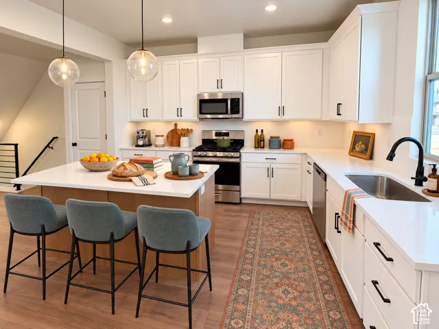 White cabinetry with matte black hardware, stainless steel appliances, solid surface countertops, a kitchen island with seating, and wood-finish flooring