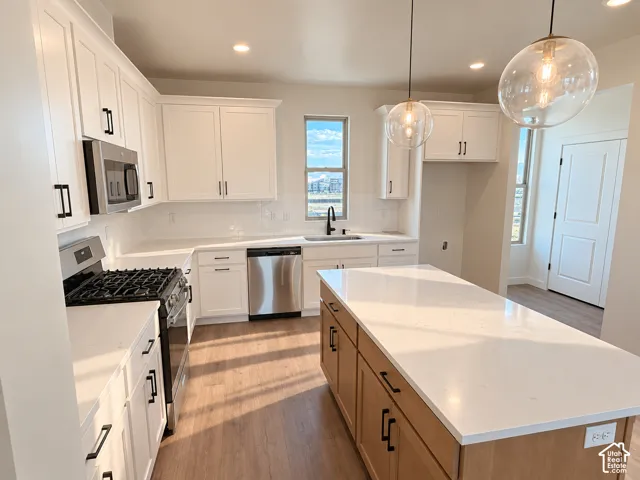 Kitchen featuring white cabinetry, light countertops, wood-finish flooring, stainless steel appliances, and a central island with storage