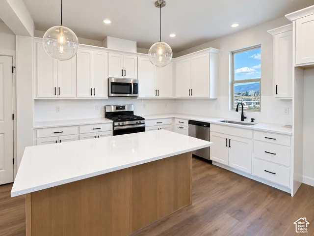 Modern kitchen with white shaker cabinetry, stainless steel appliances, white subway tile backsplash, and wood-finish flooring
