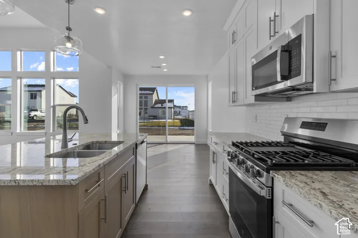Kitchen featuring a large island with an undermount sink, stainless steel appliances, wood-finish flooring, white cabinetry, and a subway tile backsplash