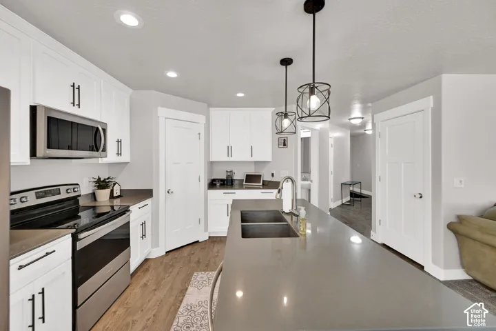 White cabinetry with matte black hardware, stainless steel appliances, wood-finish flooring, recessed lighting, and an island with a double basin sink