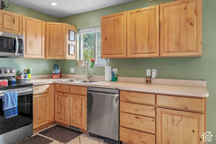 Wood cabinetry with stainless steel appliances, dual basin sink, and ample countertop space