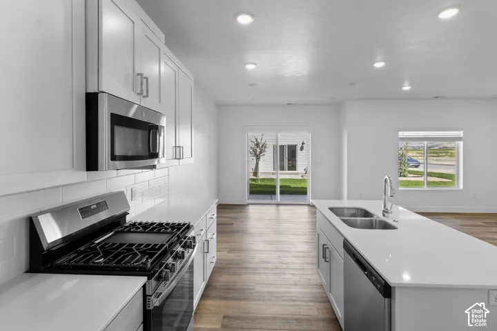 Kitchen featuring white shaker cabinetry, stainless steel appliances, a center island with a double sink, and wood-finish flooring