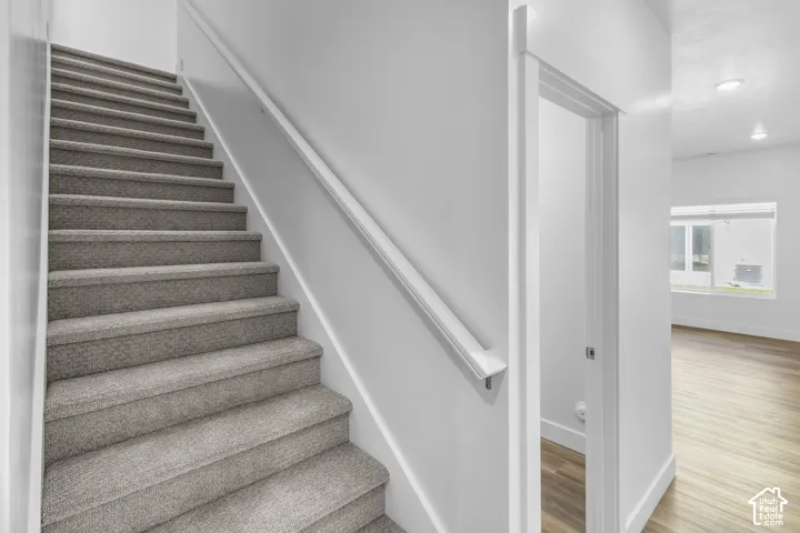 Carpeted staircase with a white handrail, leading to a space with light wood-finish flooring and a window