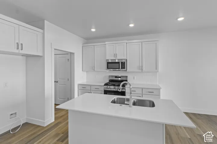 Modern kitchen featuring white shaker cabinetry, stainless steel appliances, a center island with an undermount sink, and wood-finish flooring