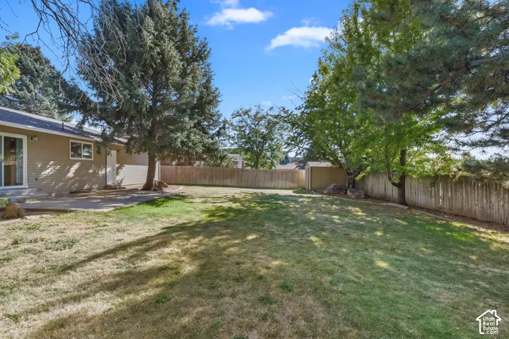 Expansive backyard featuring mature trees, a wood privacy fence, a concrete patio, and a utility shed
