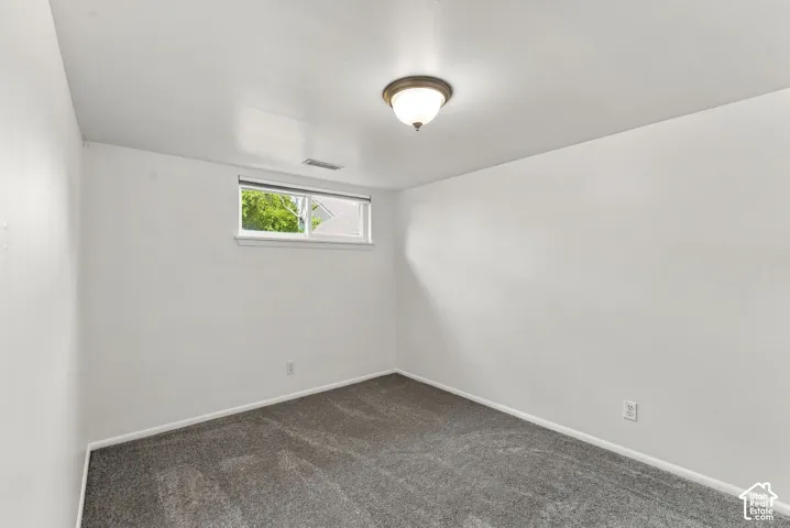 Gray carpet flooring, white painted walls, white trim, single window, flush mount ceiling light