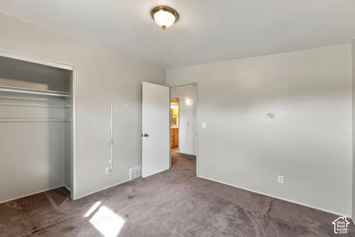 Neutral wall color, wall-to-wall carpeting, and an overhead flush mount light fixture