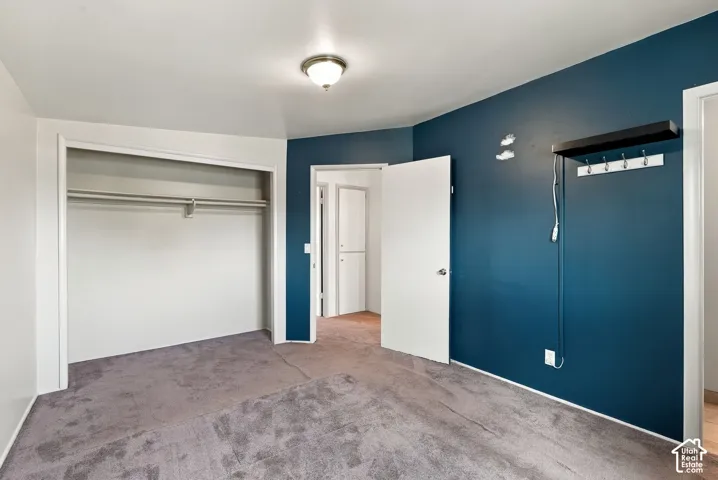 Recessed closet with a hanging rod, wall-mounted light fixture, and plush carpet flooring