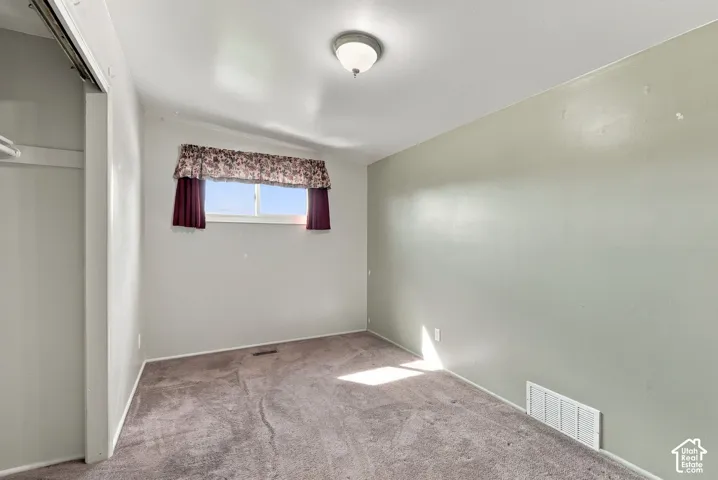 Carpeted flooring, window with natural light, flush-mount ceiling light fixture, and closet with sliding door