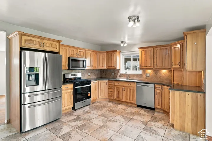 Kitchen featuring stainless steel appliances, wood cabinetry, tile flooring, and a tile backsplash