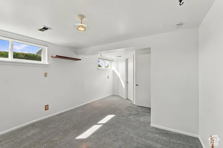 Wall-to-wall carpeting, white painted walls, and overhead lighting