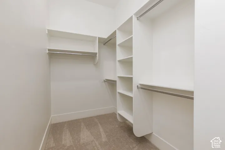 Walk-in closet featuring built-in shelving, multiple hanging rods, and carpet flooring