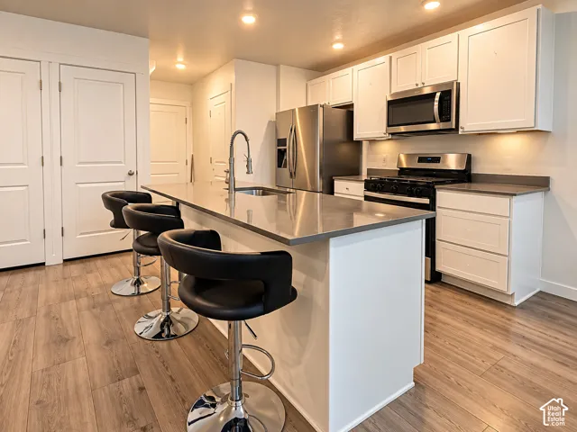Kitchen featuring a large island with sink, stainless steel appliances, white cabinetry, and wood-finish flooring