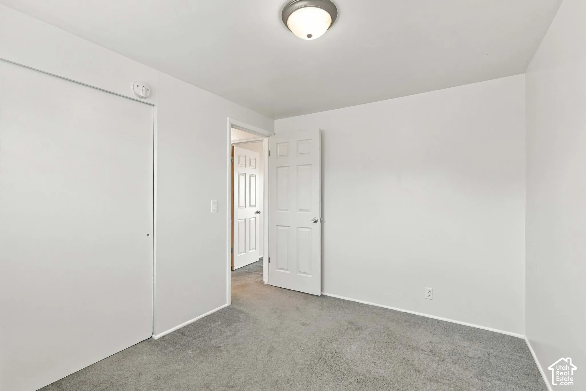 Neutral wall finishes, recessed ceiling light fixture, white interior door, and gray carpet