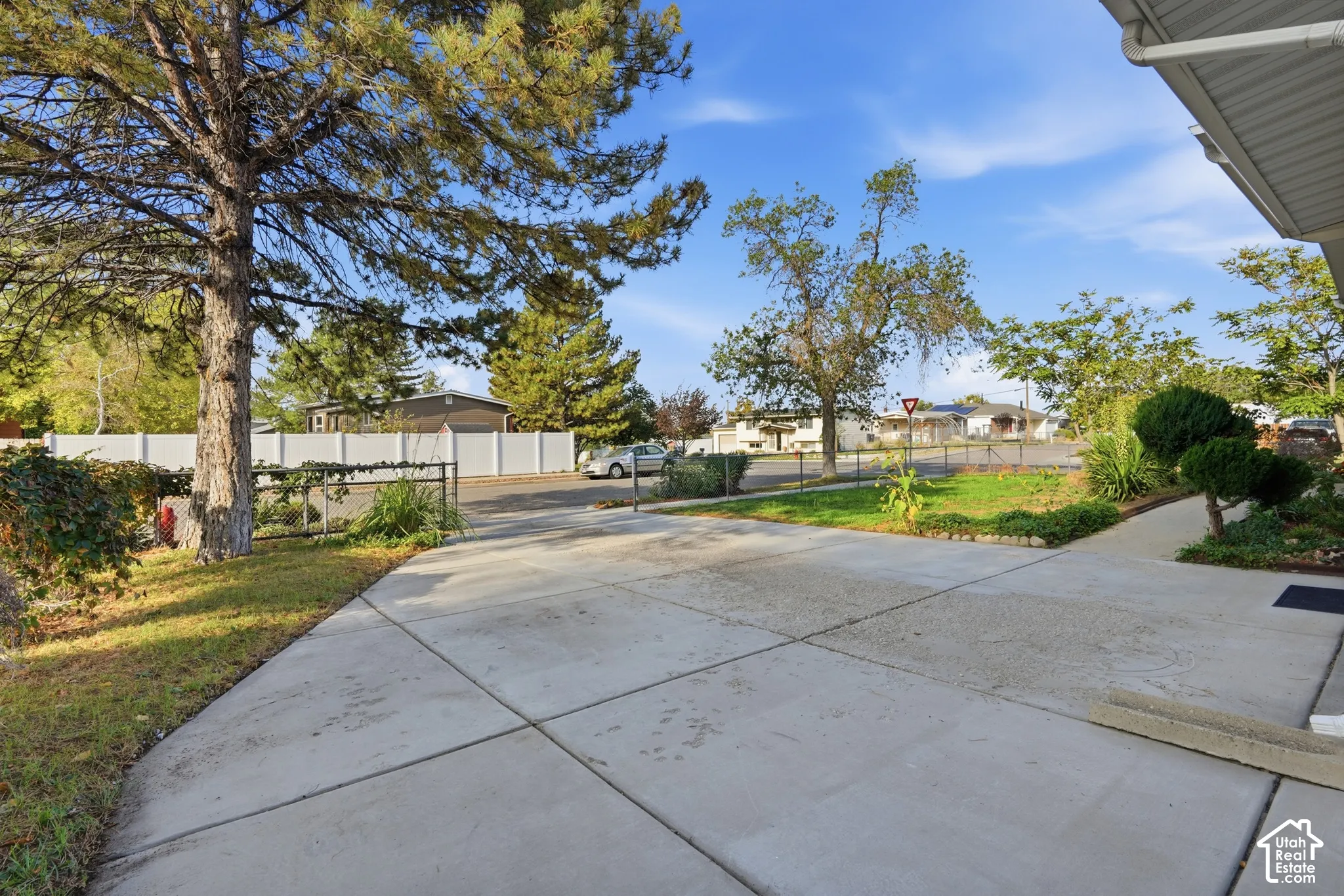 Paved concrete driveway and walkway with established landscaping