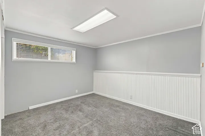 Carpeted room featuring a horizontal window with blinds, white beadboard wainscoting, and a rectangular ceiling light fixture