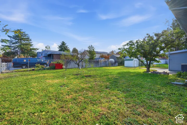 Expansive yard featuring a chain-link fence, mature trees, and a storage shed