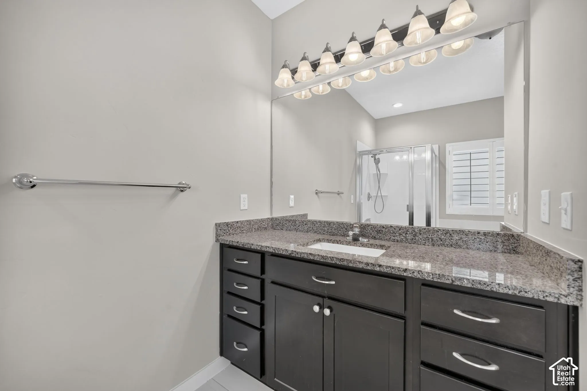 Vanity with dark wood-finish cabinetry, integrated sink, and granite-style countertop
