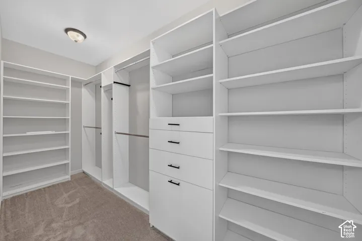 Built-in white shelving system, integrated drawers with black hardware, multiple hanging rods, recessed ceiling light, and carpeted flooring