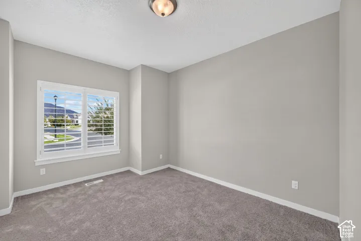 Carpeted room with neutral wall tones and a window featuring white plantation shutters