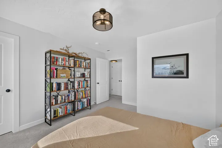 Recessed lighting and a flush-mount ceiling fixture illuminate a room featuring light-colored carpeting