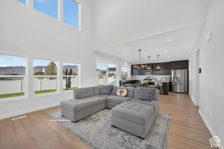 Vaulted ceilings with high windows which feature electrical shades and all other windows in the house have shades as well as the sliding glass door