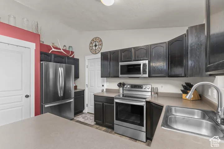 Kitchen featuring dark wood-finish cabinetry, stainless steel appliances, a double basin sink, and ample countertop space