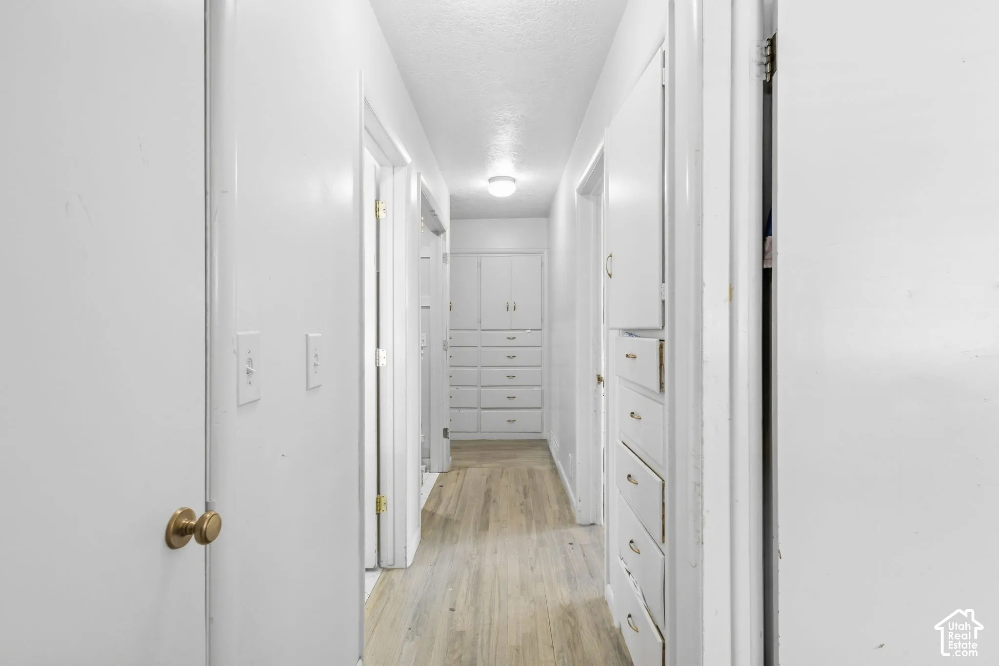 Hallway featuring wood-finish flooring, recessed lighting, and built-in white cabinetry with drawers